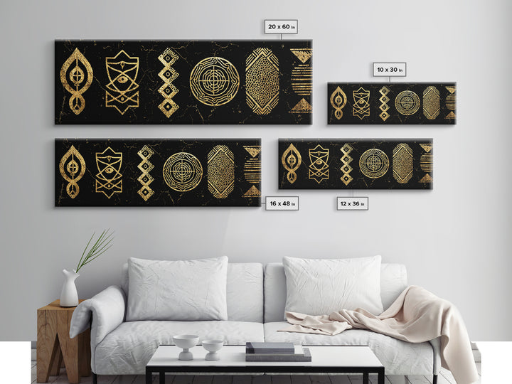 Gold Tribal Symbols Canvas Print, African Geometric Pattern Wall Decor, Abstract Black And Gold Art, Modern Ethnic Decor