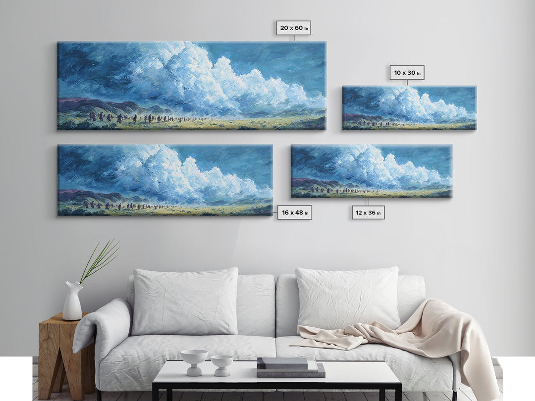 Blue Cloud Procession Wall Art, African Landscape Painting, Modern Canvas Decor, Serene Safari Living Room Art Print Gift