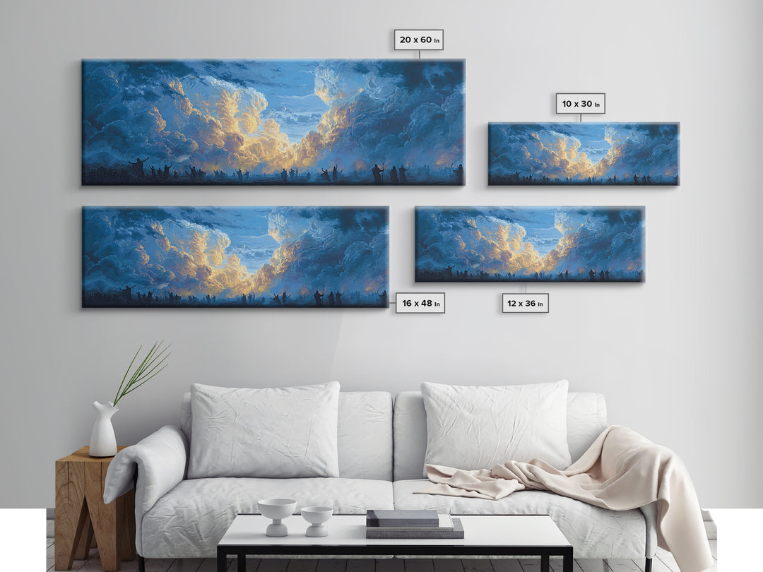 Glowing Sky Celebration Canvas Print, African Spiritual Wall Decor, Blue Gold Cloud Landscape, Afrocentric Home Decor Gift