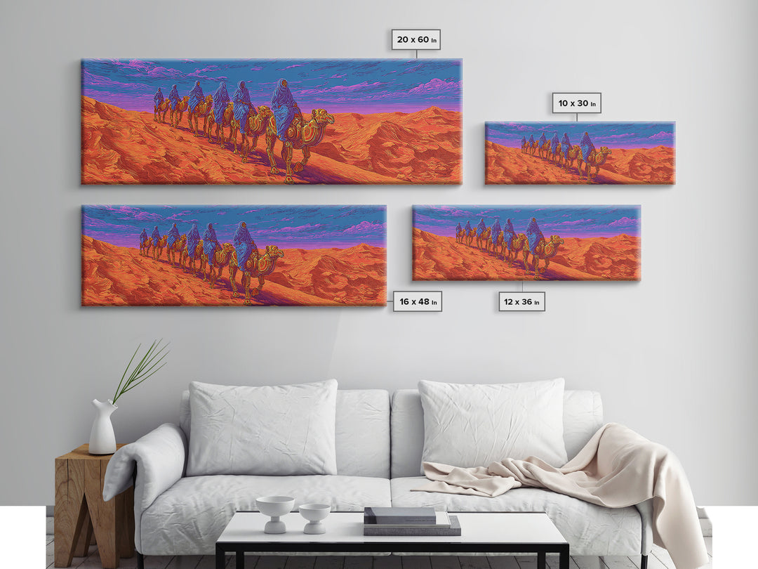 Vibrant Camel Caravan In Orange Desert Mountains, African Safari Art Canvas Print, Serengeti Wall Decor, Travel Gift, Unique Home Decor