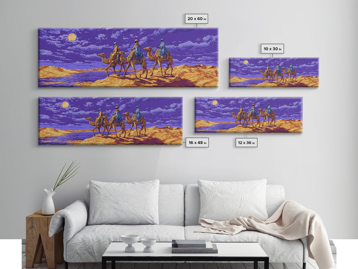Moonlit Camel Caravan Across Purple Dunes, African Safari Art Framed Canvas Print, Dreamy Wall Art, Unique Home Decor Gift