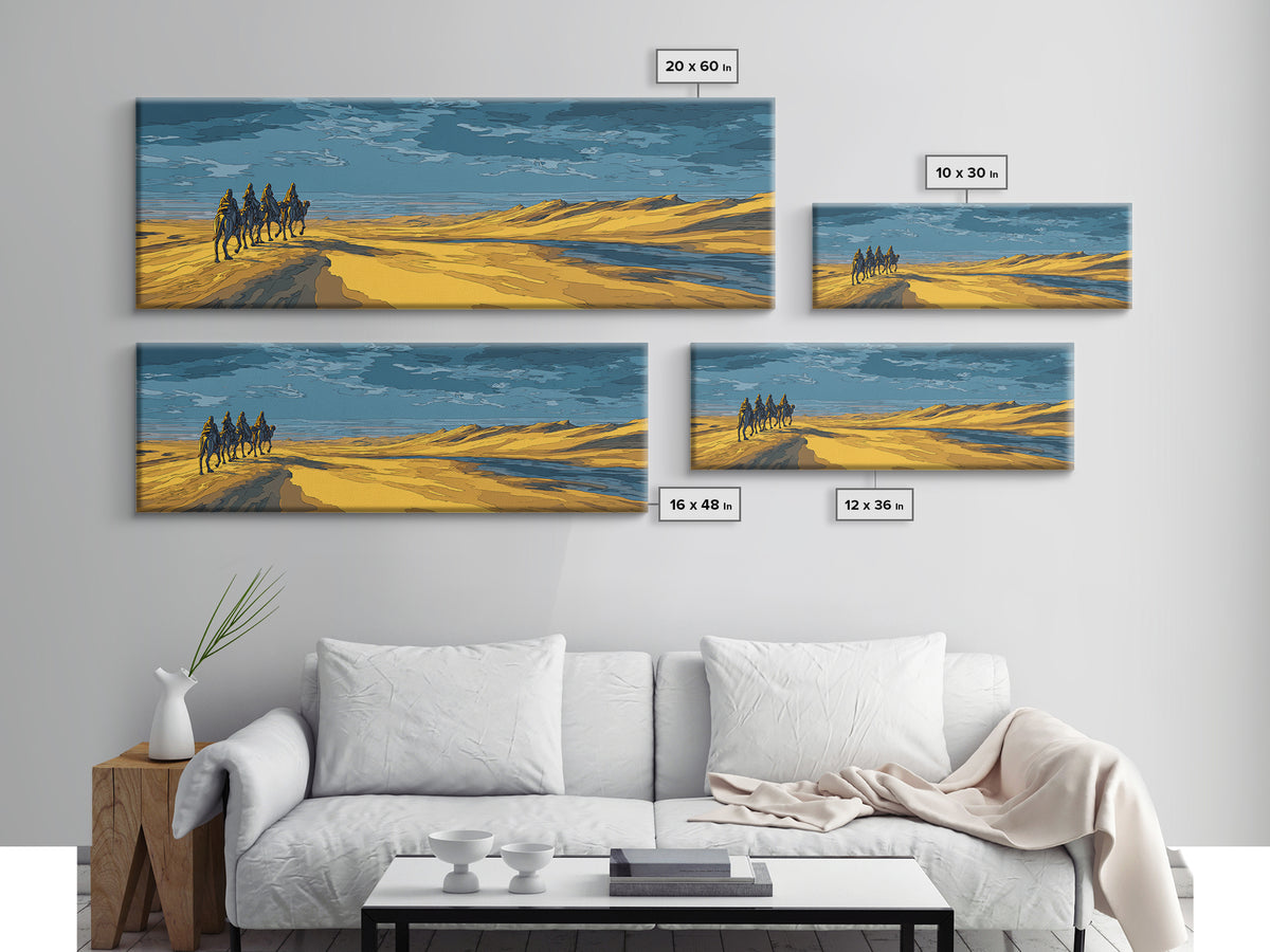 Blue And Gold Desert Riders By Water, African Safari Art Wall Art, Serengeti Landscape, Modern Home Decor, Unique Travel Gift
