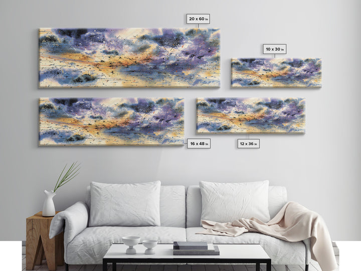 Stormy Abstract Horizon With Birds And Golden Light, African Inspired Canvas Print, Contemporary Wall Art, Elegant Home Decor