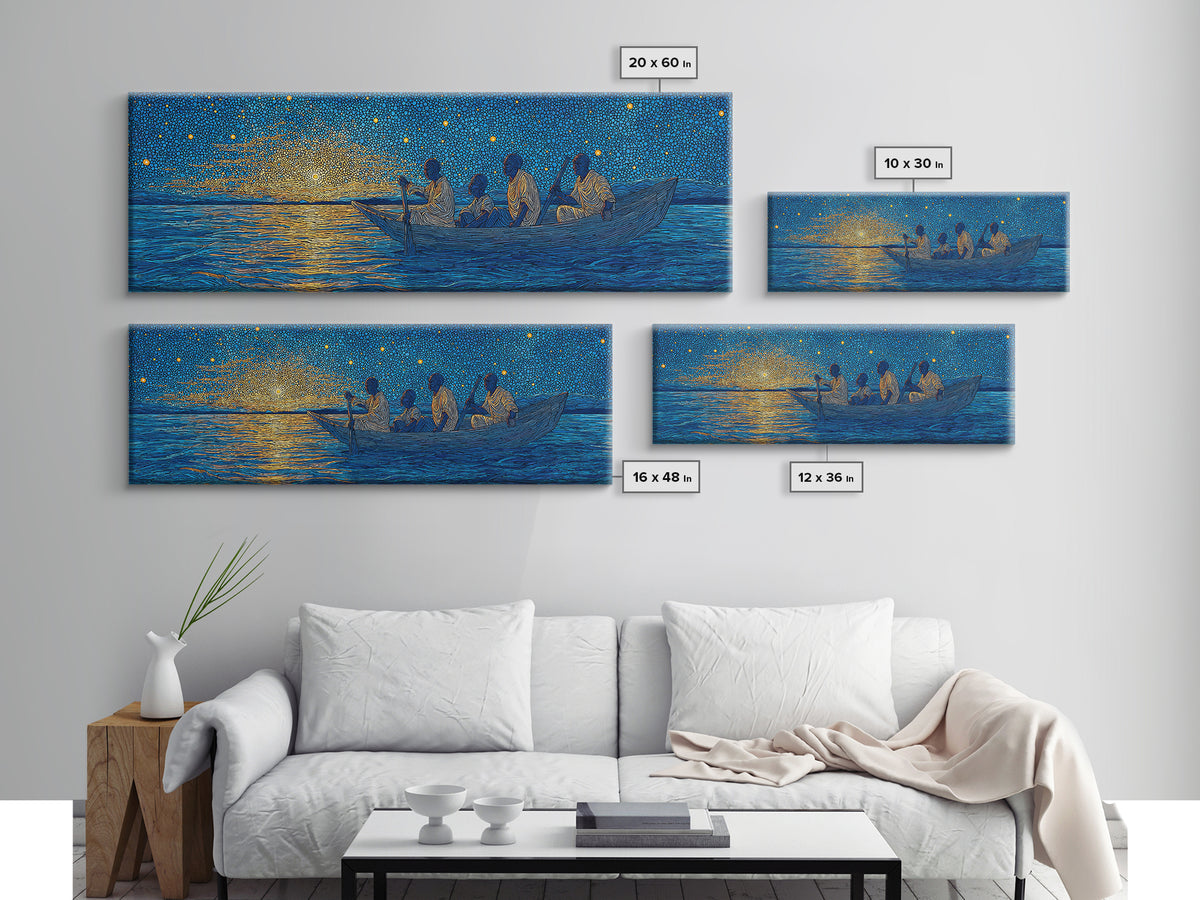 Golden Sunset Canoe Fishermen Wall Art, African Safari Art Print, Blue Lake Landscape, Serene Bedroom Canvas Home Decor Gift