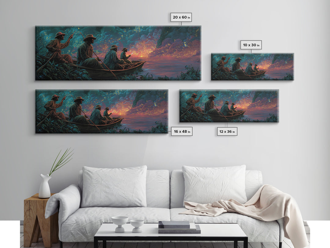 Stormy River Fishermen At Twilight Framed Canvas Print, African Landscape Wall Decor, Moody Safari Art, Unique Home Decor