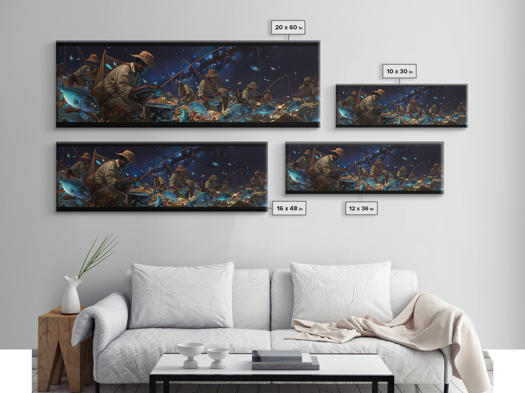 Glowing Blue Fish Night Market Canvas Print, African Fishermen Wall Art, Afrofuturism Decor, Contemporary Gallery Art Gift