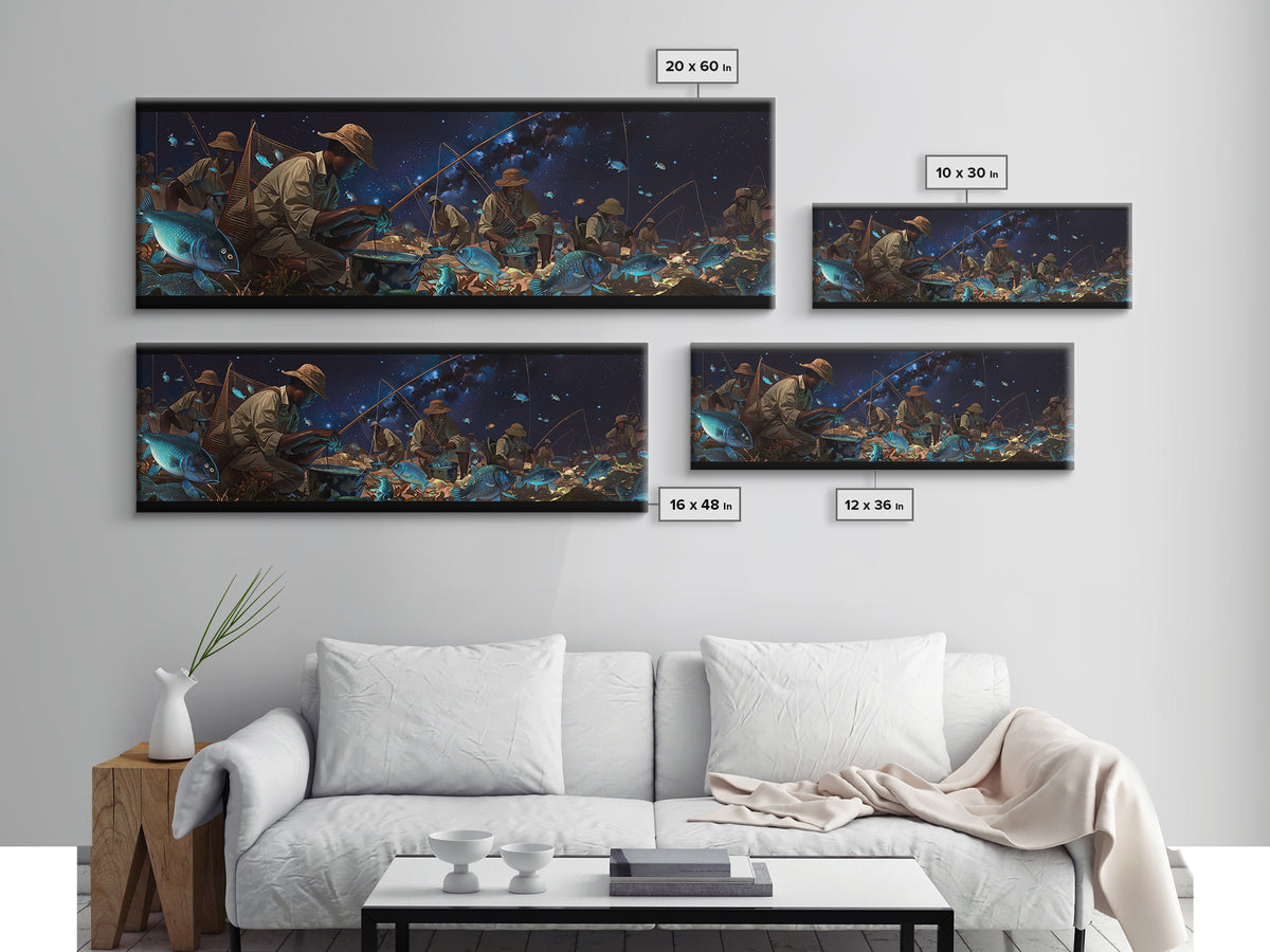 Glowing Blue Fish Night Market Canvas Print, African Fishermen Wall Art, Afrofuturism Decor, Contemporary Gallery Art Gift