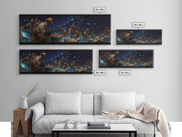 Glowing Blue Fish Night Market Canvas Print, African Fishermen Wall Art, Afrofuturism Decor, Contemporary Gallery Art Gift
