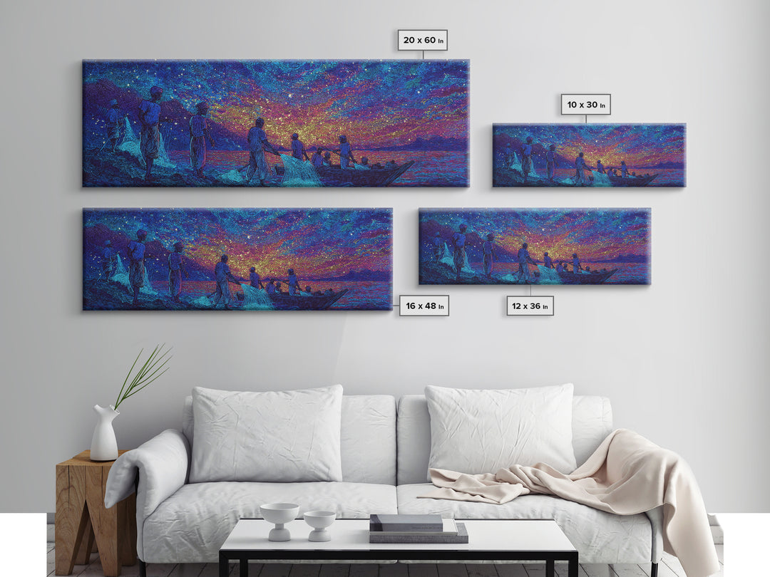 Stargazing Fishermen At Shore Canvas Print, African Wall Art, Vibrant Blue Purple Night, Afrocentric Unique Home Decor Gift