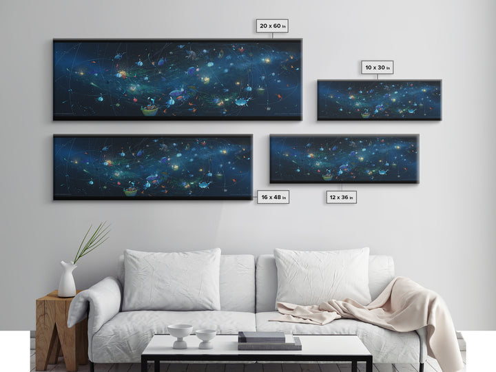 Cosmic Ocean Fish And Nets Wall Art, Dreamy Canvas Print, African Inspired Underwater Scene, Modern Blue Home Decor Gift