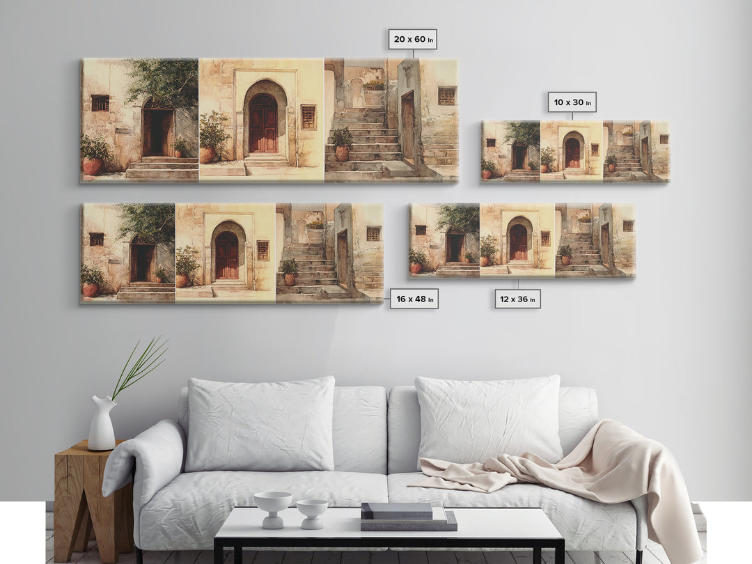 Whitewashed Doorway And Stone Steps Canvas Print, Moroccan Travel, African Home Decor, Beige Wall Art, Rustic Home Decor