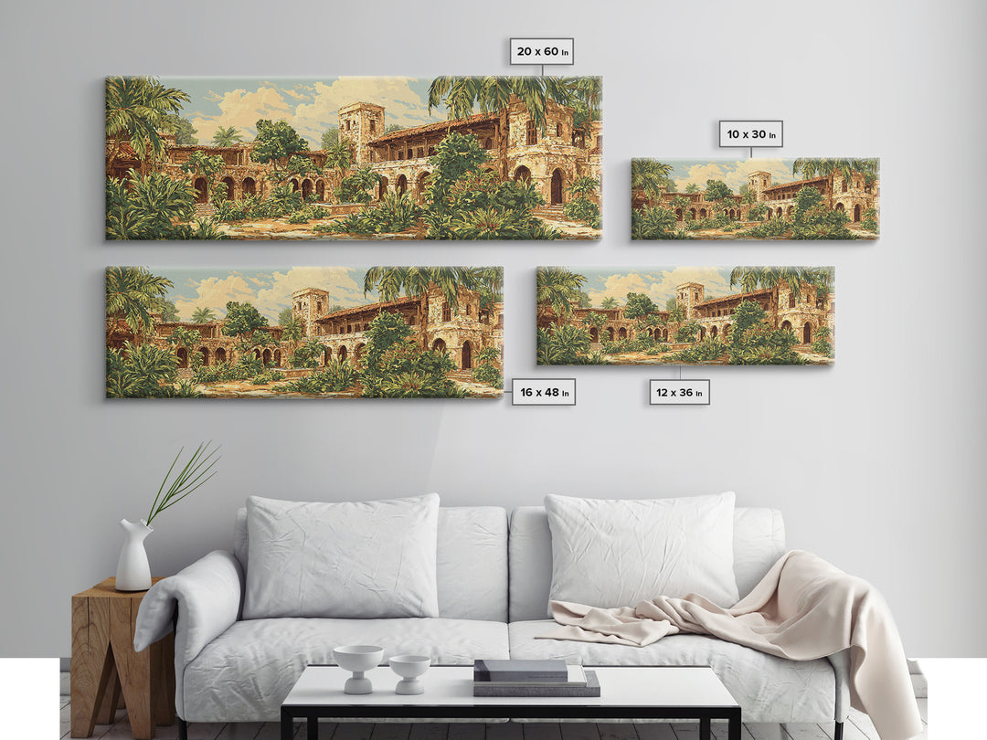 Tropical Courtyard Ruins With Palms Wall Art, African Inspired Landscape, Boho Home Decor, Living Room Canvas Print, Statement Wall Decor