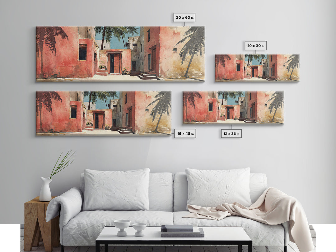 Sunlit Coral Adobe Alley With Palms Canvas Print, Moroccan Travel Poster, African Inspired Wall Art, Boho Bedroom Decor Gift