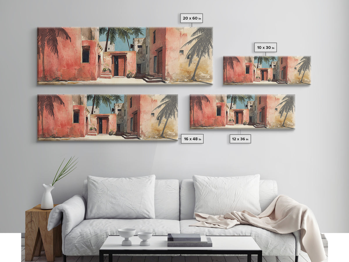 Sunlit Coral Adobe Alley With Palms Canvas Print, Moroccan Travel Poster, African Inspired Wall Art, Boho Bedroom Decor Gift