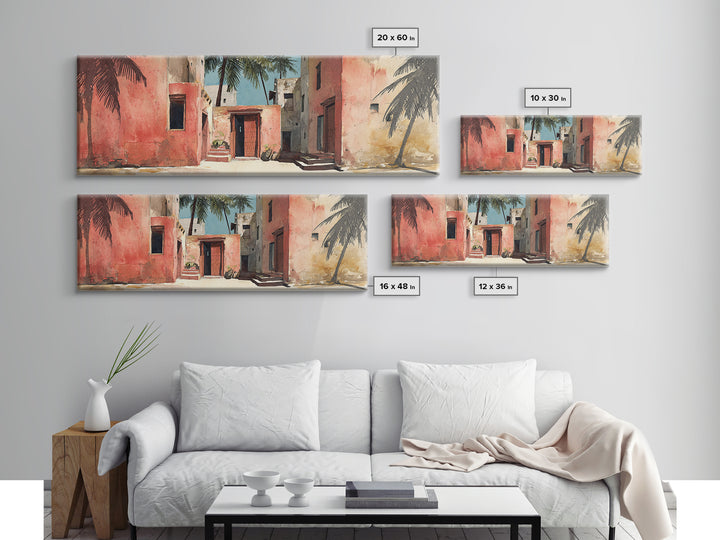Sunlit Coral Adobe Alley With Palms Canvas Print, Moroccan Travel Poster, African Inspired Wall Art, Boho Bedroom Decor Gift