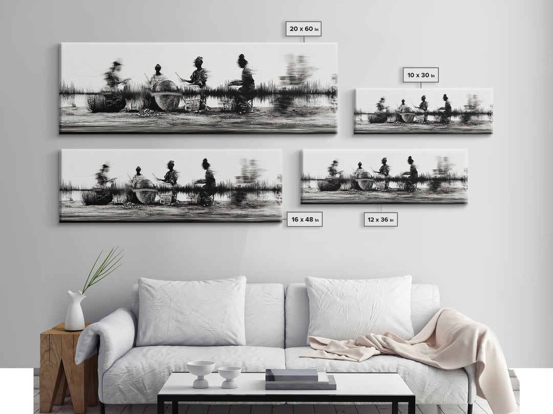 Black And White African Drummers Silhouette Wall Art, Tribal Music Decor, Afrocentric Canvas Print, Cultural Living Room Art