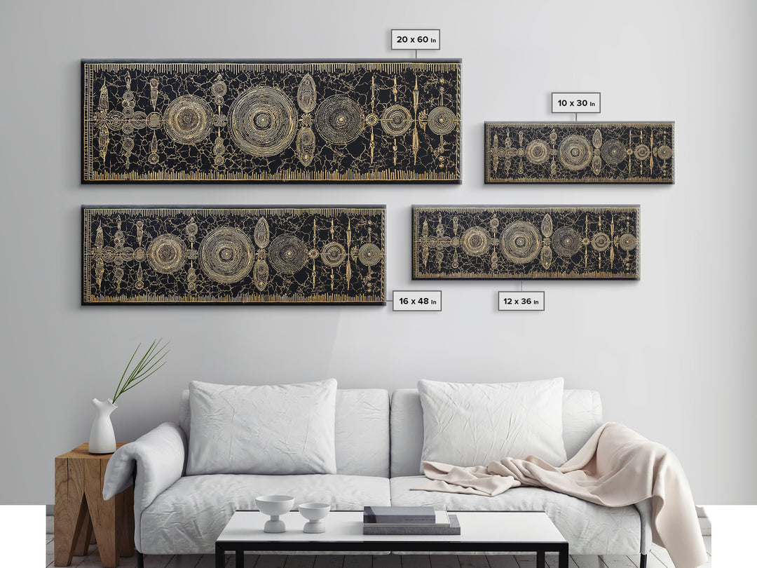 Gold Tribal Shields And Woven Kuba Patterns Framed Canvas Print, African Wall Decor, Ethnic Black Gold Cultural Art For Home