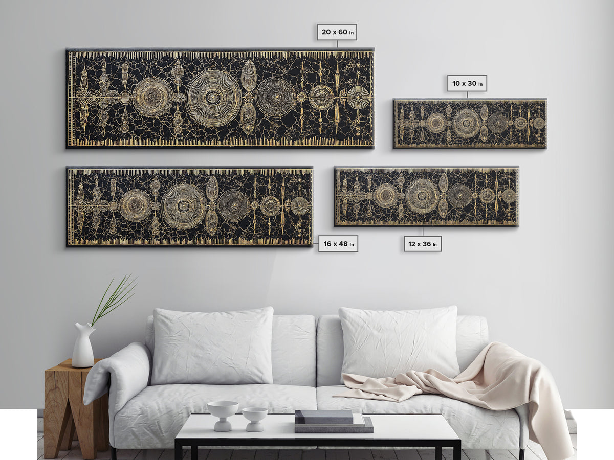 Gold Tribal Shields And Woven Kuba Patterns Framed Canvas Print, African Wall Decor, Ethnic Black Gold Cultural Art For Home