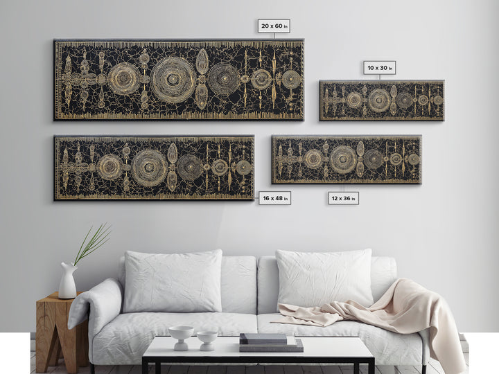 Gold Tribal Shields And Woven Kuba Patterns Framed Canvas Print, African Wall Decor, Ethnic Black Gold Cultural Art For Home