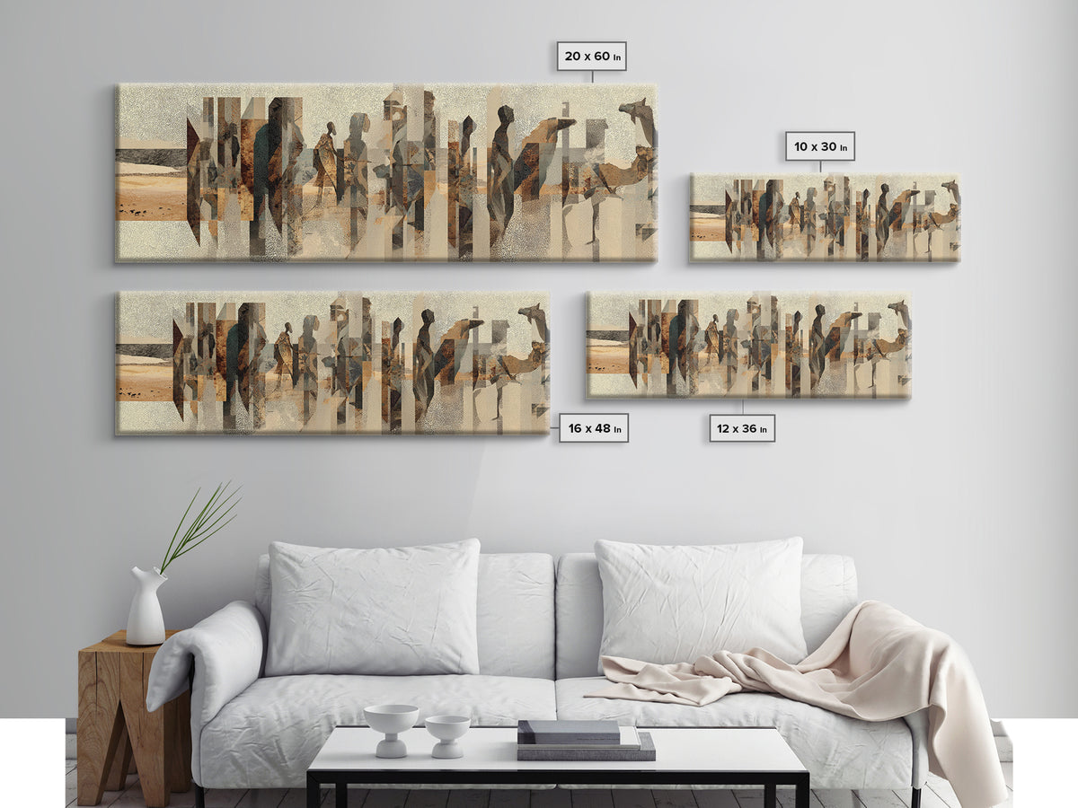 Abstract Desert Caravan With African Women Silhouettes Canvas Print, Minimalist Earth Tone Wall Decor, Cultural Portrait Art