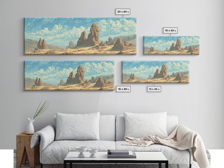 Sunlit Desert Rock Spires And Turquoise Sky Canvas Print, African Landscape Wall Decor, Dreamy Nature Scene Art For Home