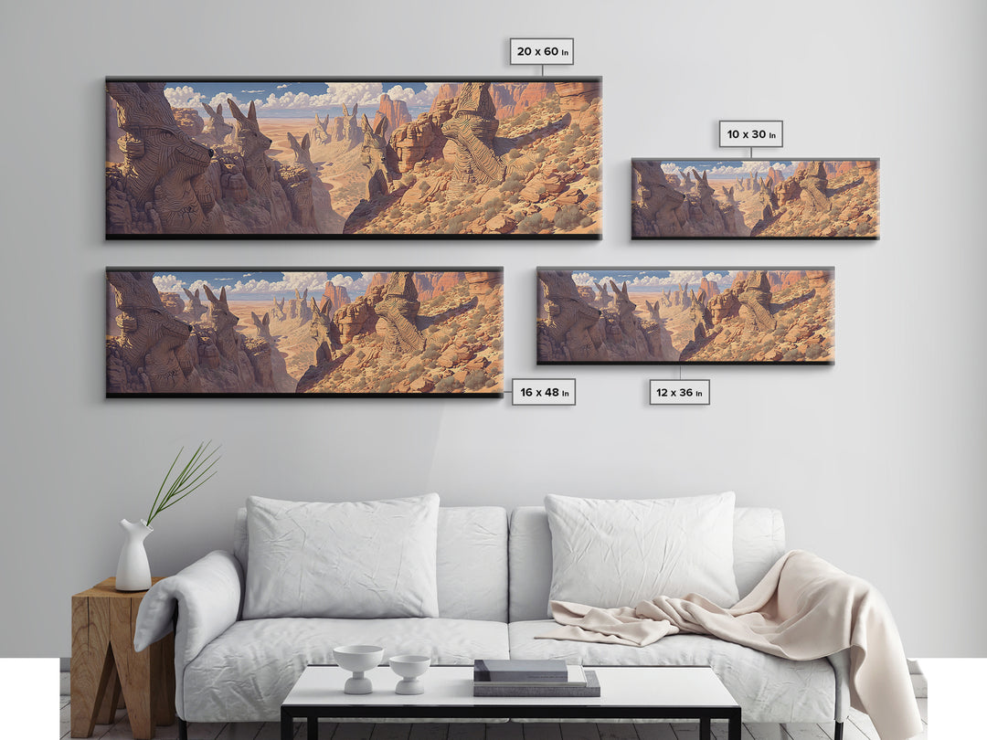 Carved Canyon Faces And Monument Valley Cliffs Wall Art, African Inspired Tribal Landscape Decor, Fantasy Canvas Print Gift