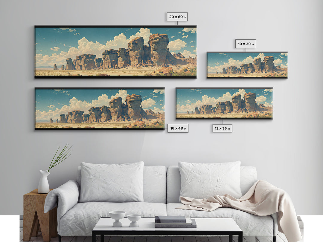 Weathered Desert Monoliths And Sunlit Sand Cliffs Framed Canvas Print, African Landscape Wall Decor, Large Safari Art Gift