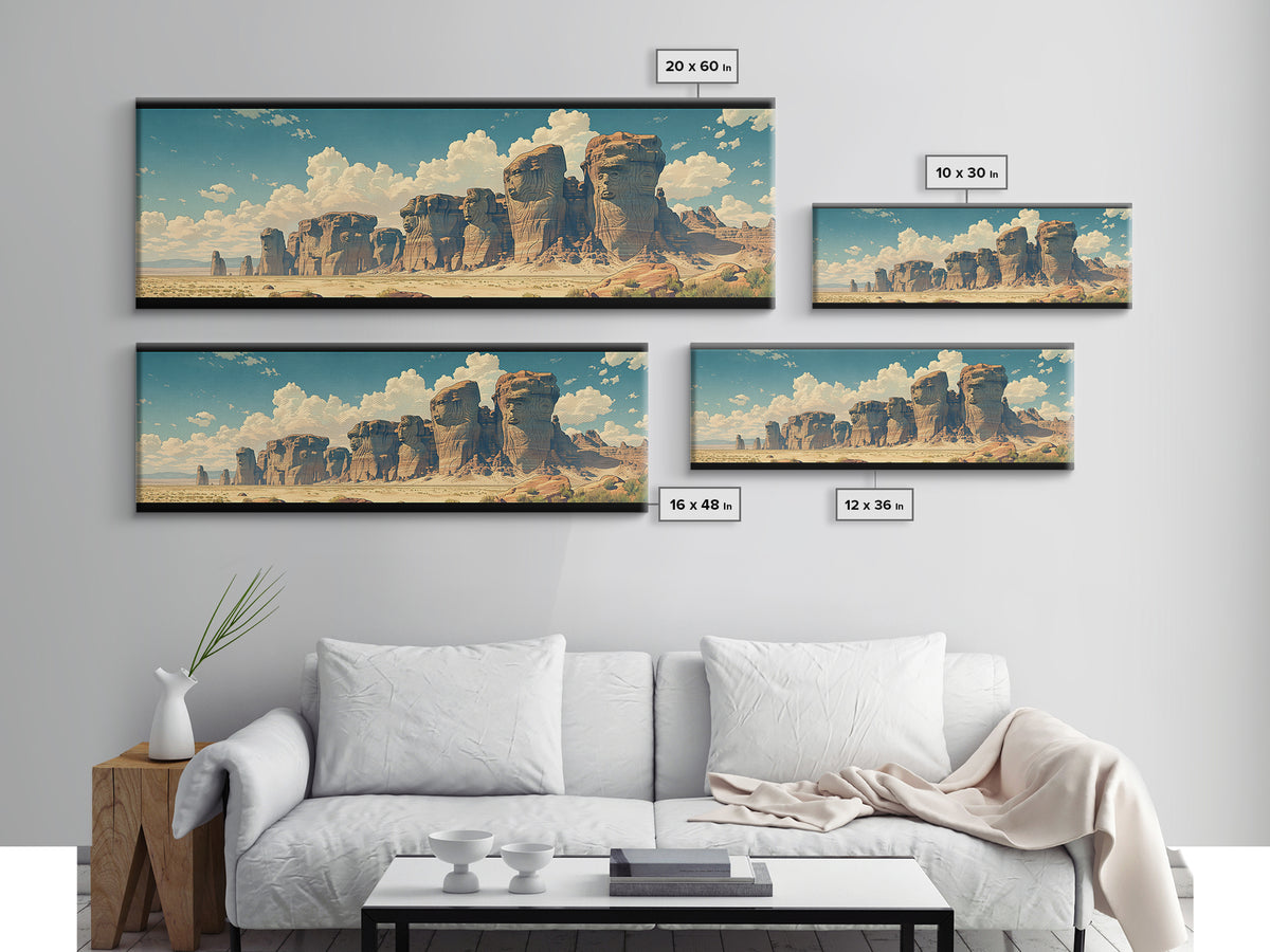 Weathered Desert Monoliths And Sunlit Sand Cliffs Framed Canvas Print, African Landscape Wall Decor, Large Safari Art Gift