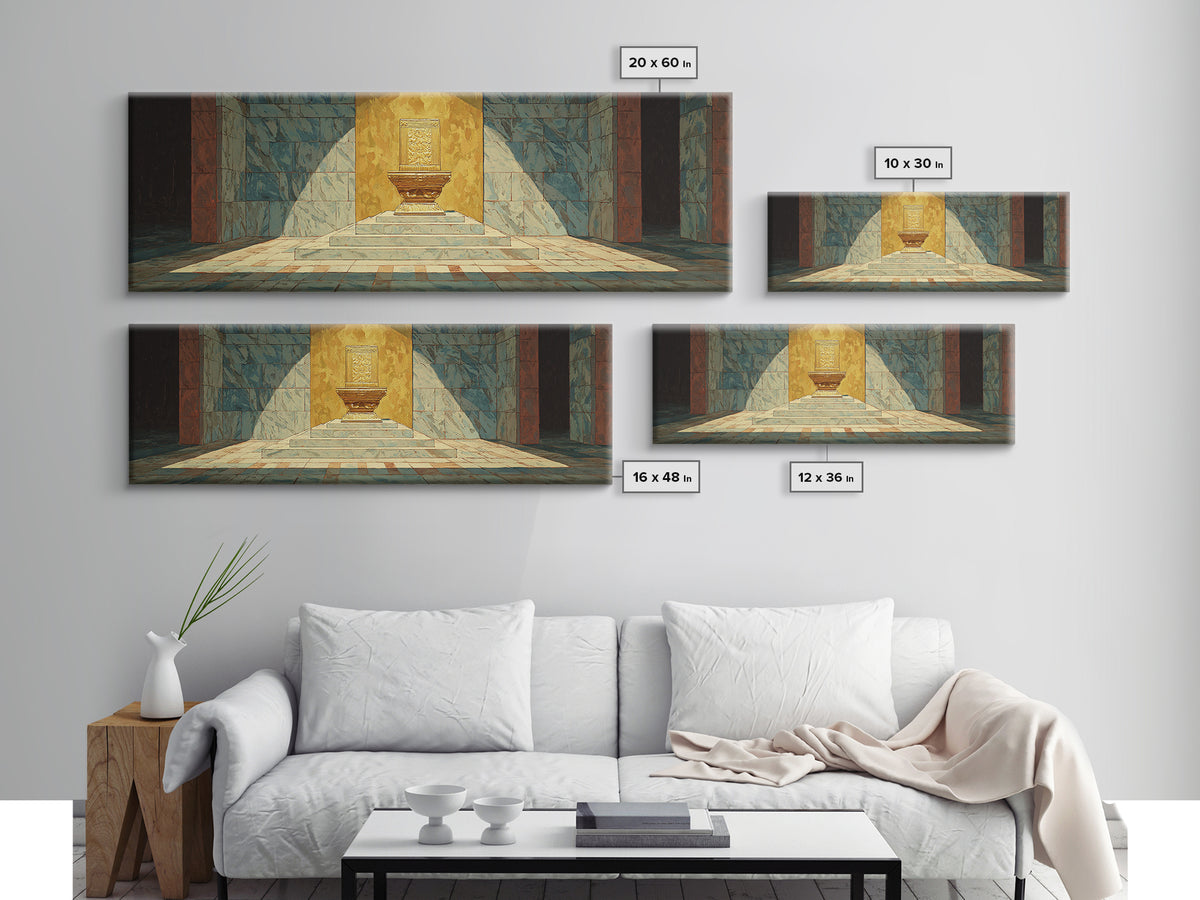Turquoise Sunlit Temple Pedestal Canvas Print, Geometric Wall Art, Cultural Art Print, Modern Home Decor Gift, Unique Canvas Art