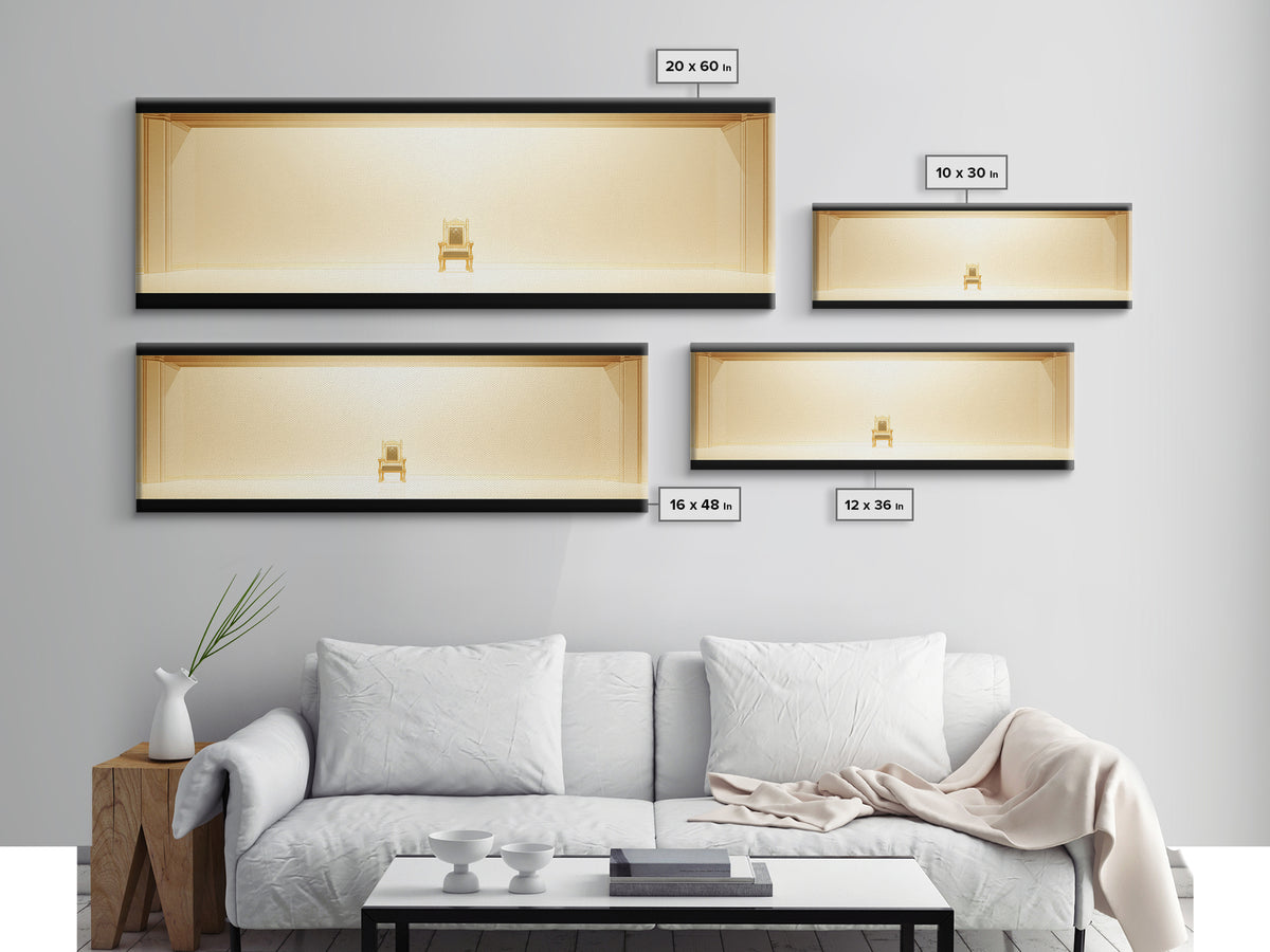 Minimal Golden Throne In Luminous Hall Framed Canvas Print, Minimalist Wall Art, Luxury Art, Elegant Home Decor Gift, Ready To Hang Art