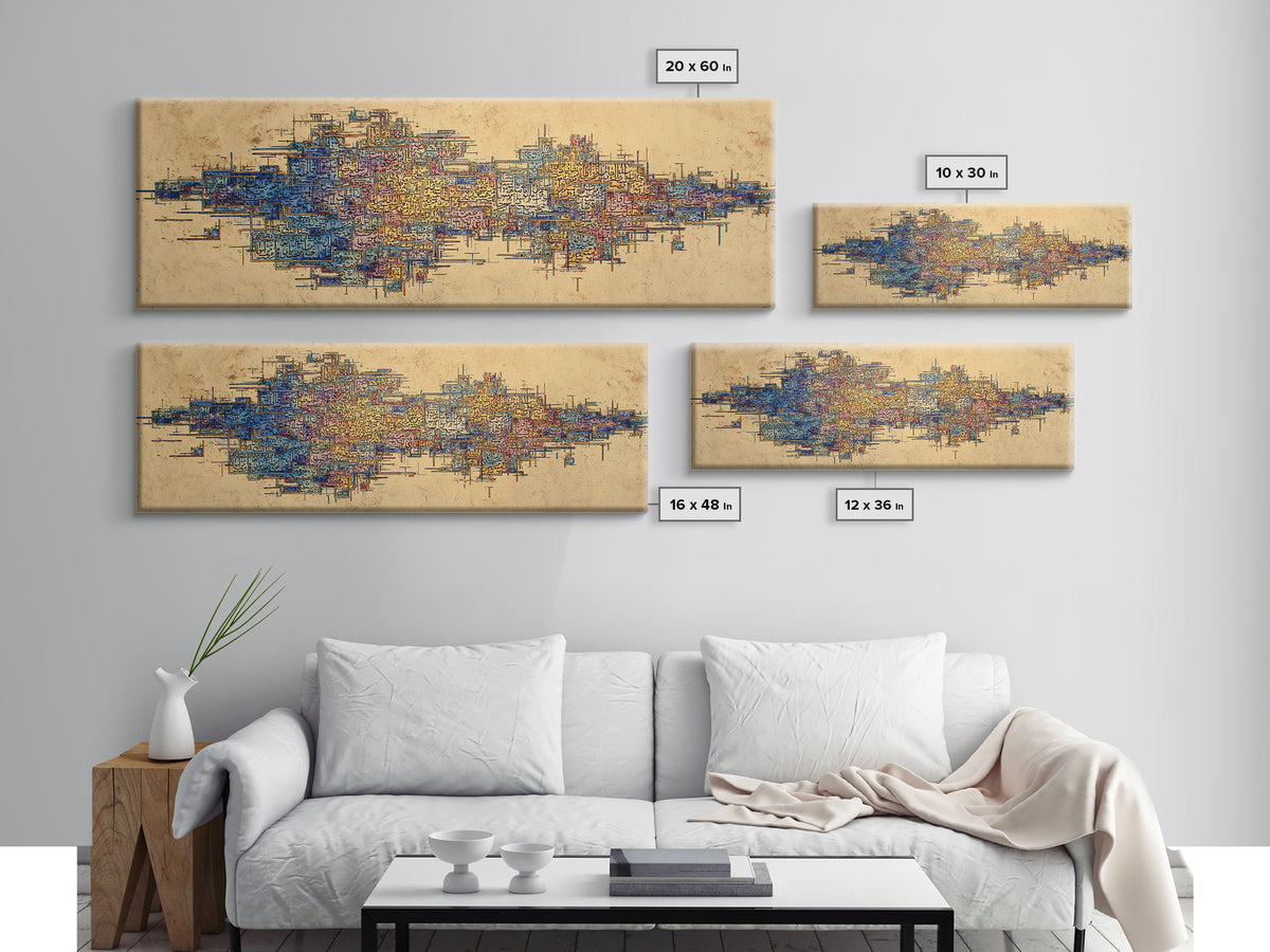 Abstract African City Map Canvas Print, Modern Geometric Wall Decor, Blue Orange Afrocentric Art, Panoramic Office Decor