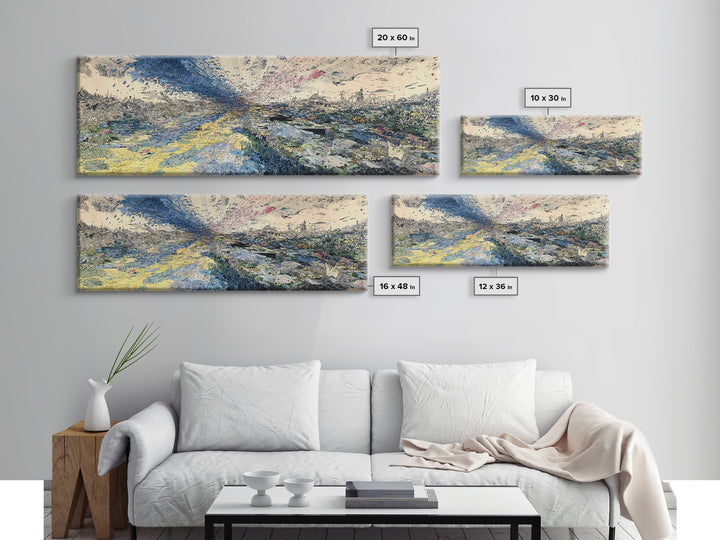 Stormy African Landscape Canvas Print, Abstract Aerial City View, Blue Yellow Modern Wall Decor, Panoramic Statement Art