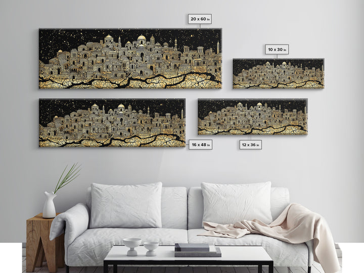 Gold African Night City Wall Art, Starry Palace Skyline, Black And Gold Cultural Decor, Panoramic Canvas Print Gift For Home