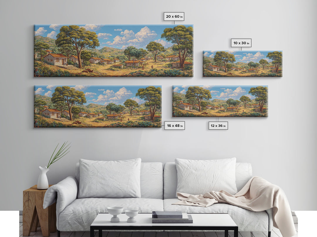 Sunlit African Countryside Landscape Wall Art, Village Nature Scene, Safari Decor, Earth Tone Panoramic Living Room Print