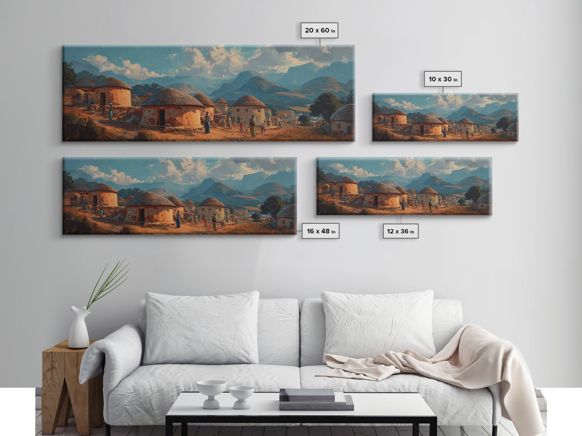 Traditional Round Hut Village Canvas Print, African Landscape Wall Art, Cultural Home Decor, Mountain Sunset Room Accent