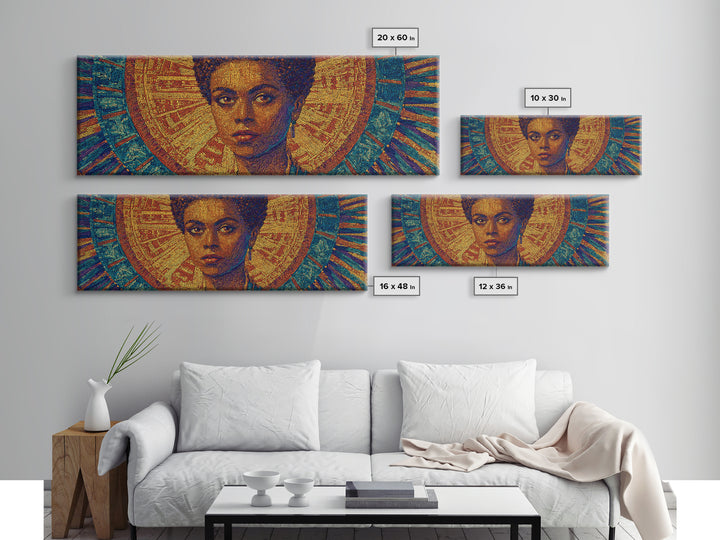 Regal Black Woman With Golden Halo Framed Canvas Print, Afrocentric Wall Art, African Queen Portrait, Melanin Decor Gift