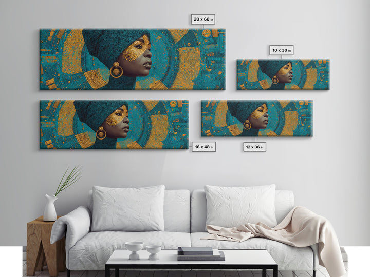 Elegant Black Queen Profile Framed Canvas Print, African Woman Art, Teal Gold Afrocentric Wall Decor, Melanin Portrait Gift