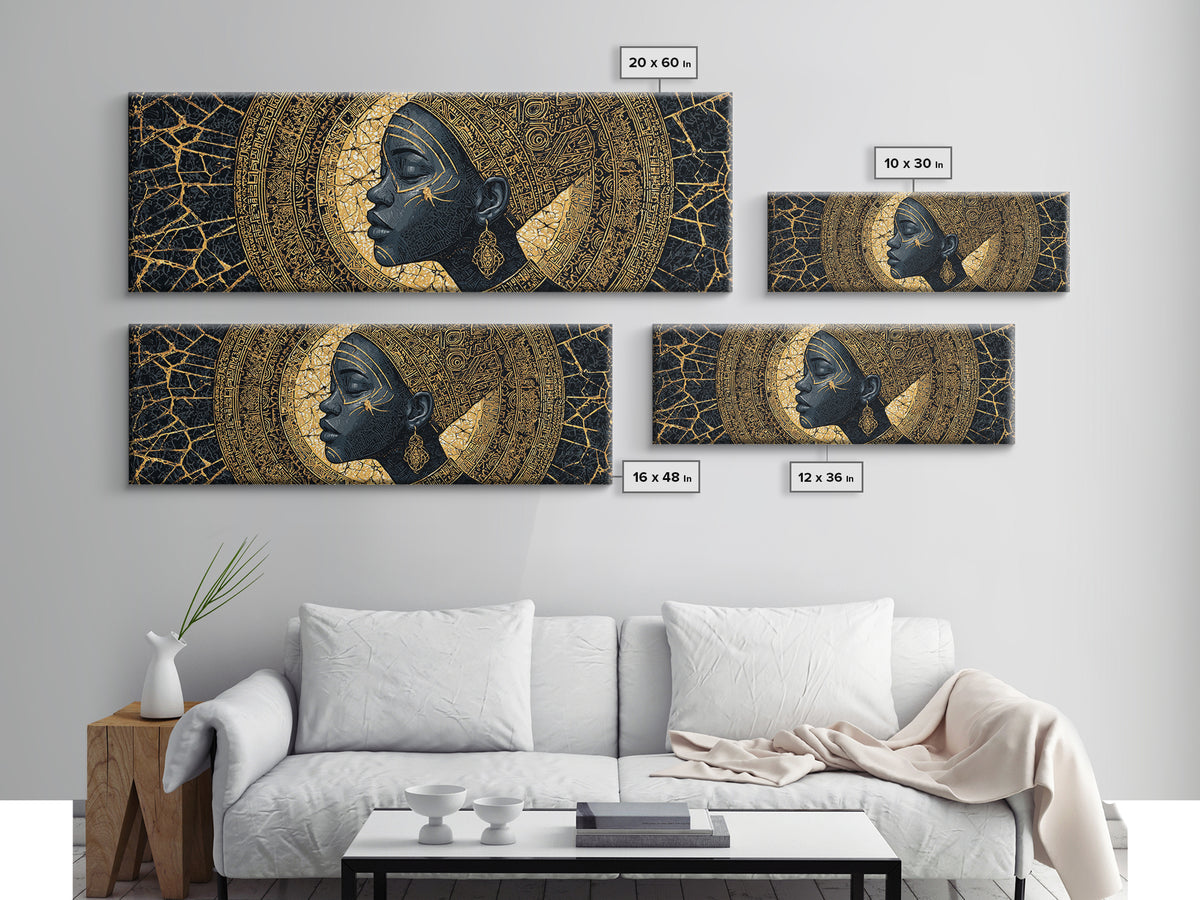 Golden Profile Black Woman Portrait, Abstract African Art Framed Canvas Print, Afrocentric Wall Art, Elegant Home Decor