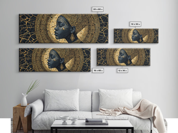 Golden Profile Black Woman Portrait, Abstract African Art Framed Canvas Print, Afrocentric Wall Art, Elegant Home Decor