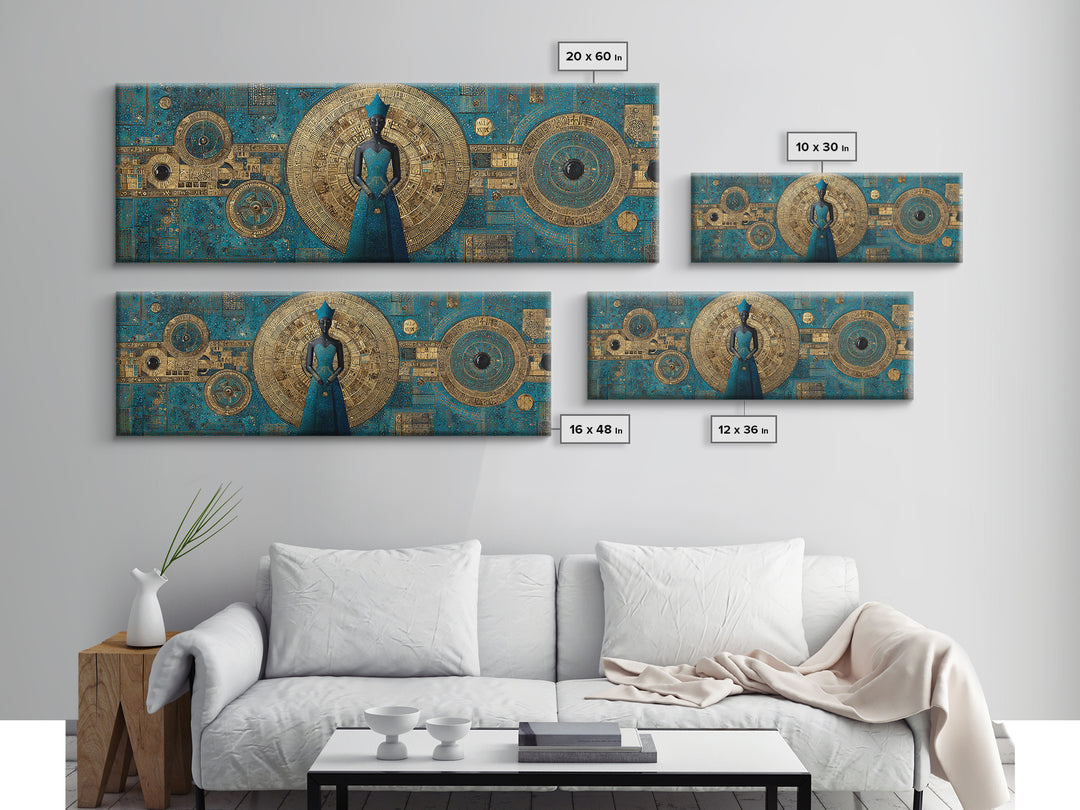 Blue And Gold African Goddess Figure, Geometric African Wall Art, Luxury Canvas Print, Afrocentric Living Room Decor Gift
