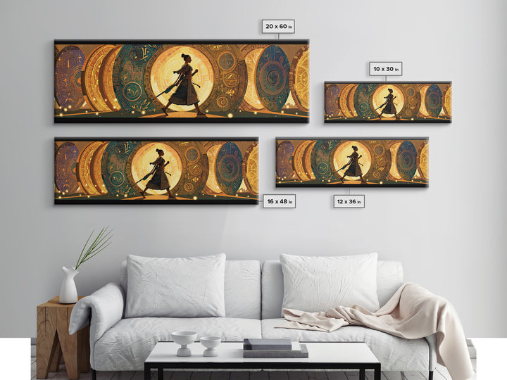 Walking African Woman Silhouette, Golden Portal Wall Art, Modern African Art Canvas Print, Boho Afrocentric Home Decor Gift
