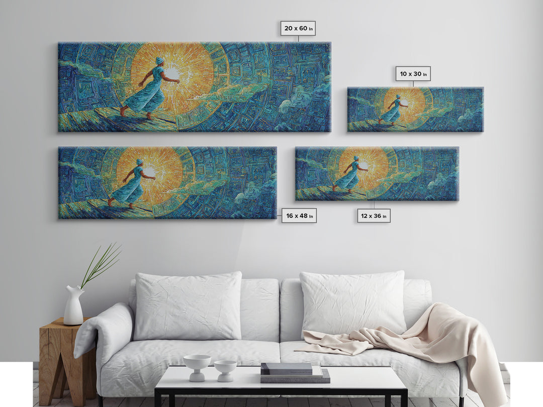 Blue Robed African Woman In Sunlight, Abstract Wall Art, Dreamy Canvas Print, Textured African Art Living Room Decor Gift