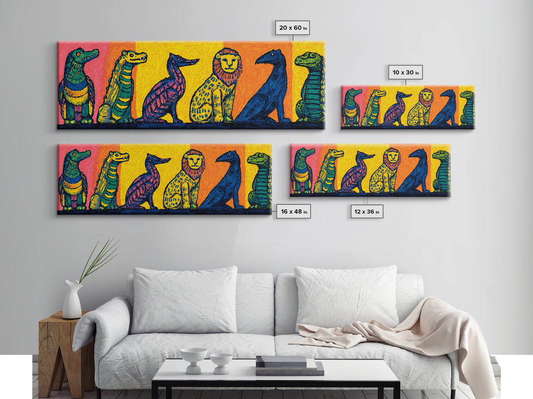 Vibrant Whimsical Safari Animal Lineup, Bright Colorful African Wall Art, Jungle Canvas Print, Playful Kids Room Decor Gift