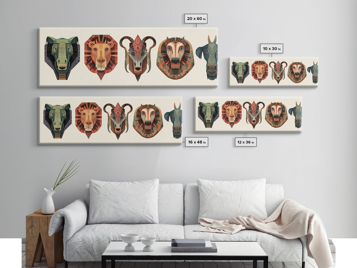 African Animal Mask Collection Framed Canvas Print, Elephant Lion Ram Baboon Tribal Wall Art, Safari Decor For Bold Home
