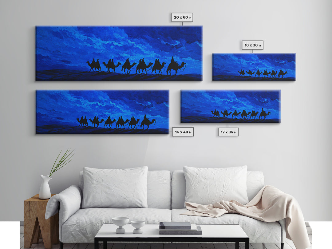 Blue Desert Camel Caravan Wall Art, Moonlit Nomad Silhouette Print, African Safari Decor, Mystical Travel Canvas For Bedroom