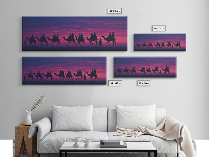 Purple Sunset Camel Caravan Wall Art, Desert Nomad Silhouette Painting, African Safari Decor, Travel Canvas Print For Bedroom