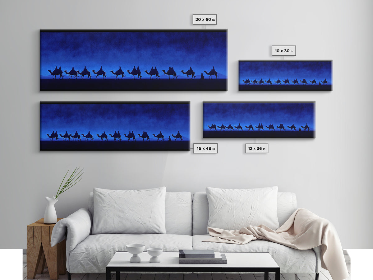 Deep Blue Camel Caravan Canvas Print, Desert Silhouette Wall Art, African Safari Poster, Minimalist Travel Decor For Home