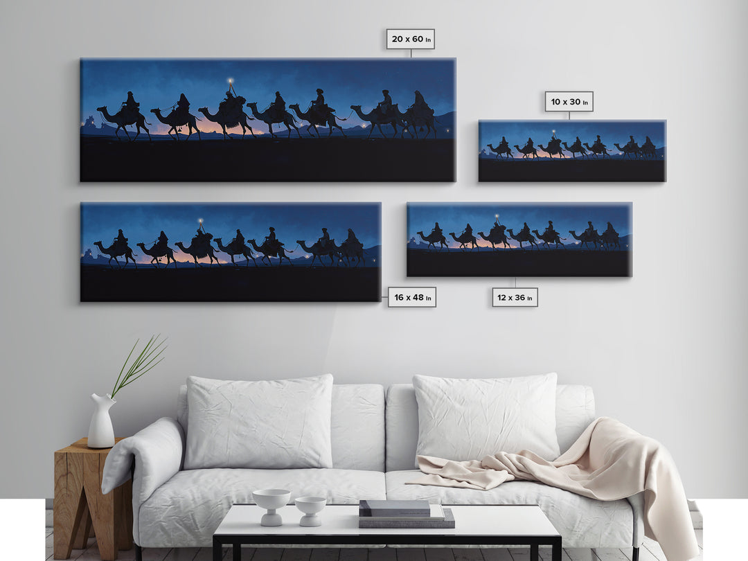 Night Camel Caravan Framed Canvas Print, Blue Desert Silhouette Wall Art, African Safari Travel Decor, Nomad Scene For Home