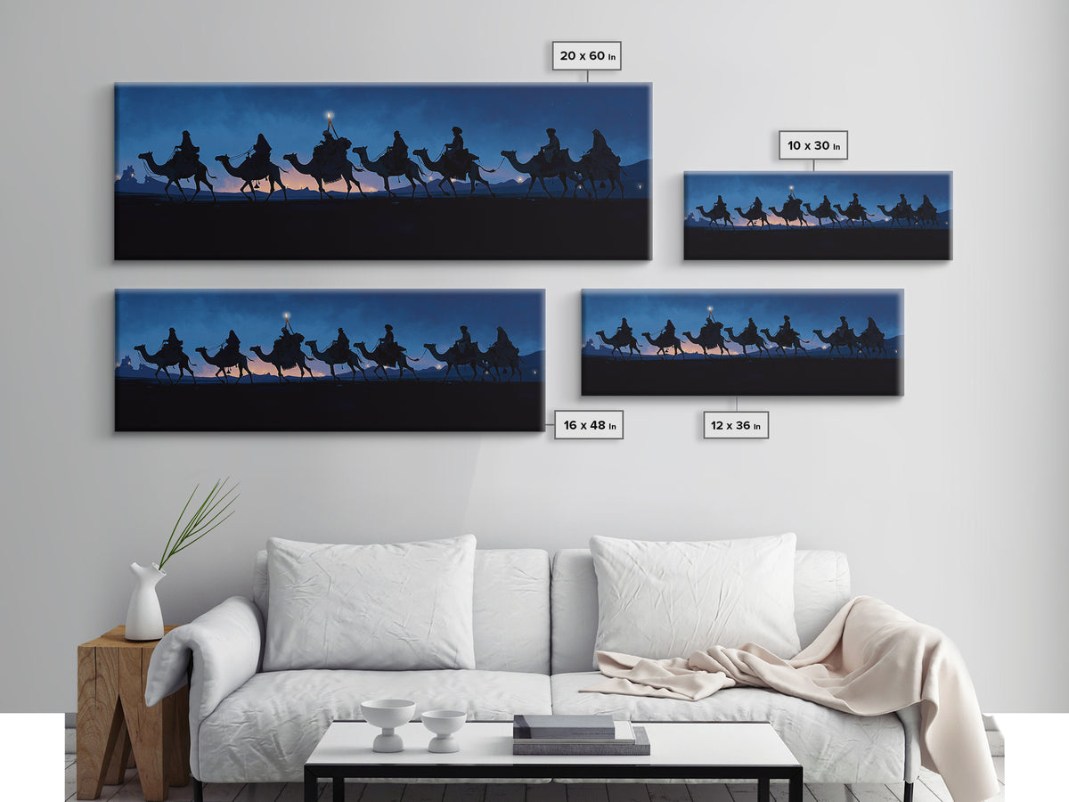 Night Camel Caravan Framed Canvas Print, Blue Desert Silhouette Wall Art, African Safari Travel Decor, Nomad Scene For Home