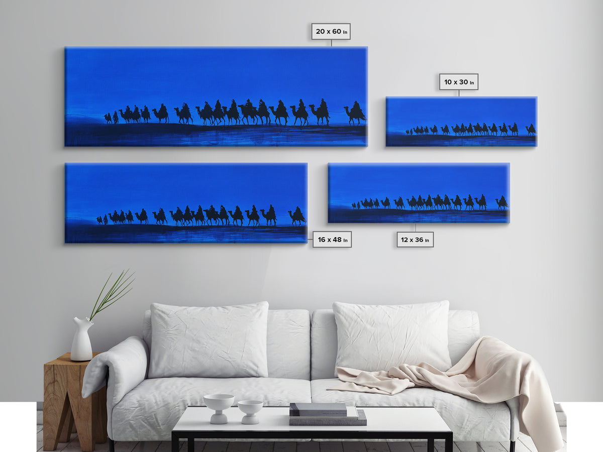 Blue Desert Camel Caravan Silhouette Wall Art, African Safari Art Print, Tuareg Travel Decor, Sahara Landscape Canvas Print